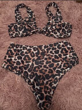 SHEIN Brown and Black Leopard Print High-Waist Bikini Set